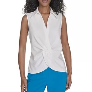 CALVIN KLEIN Women's Collared Twist-Front Sleeveless Top White S